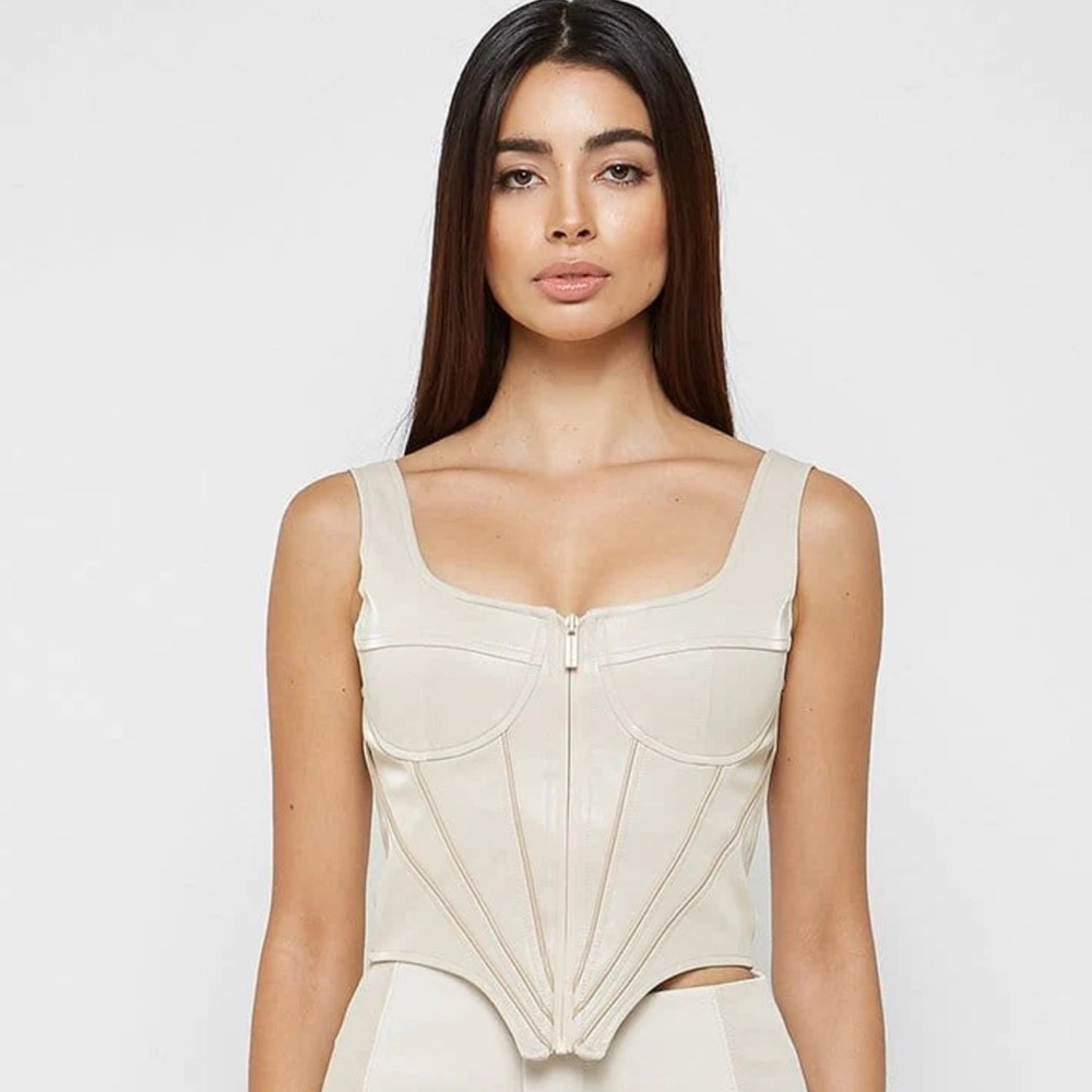Maniere de voir vegan leather corset top with zip in beige